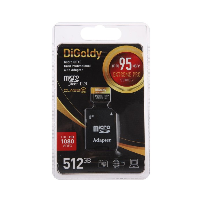 Карта памяти Digoldy microSD, 512 Гб, SDXC, UHS-1, класс 10, с адаптером SD