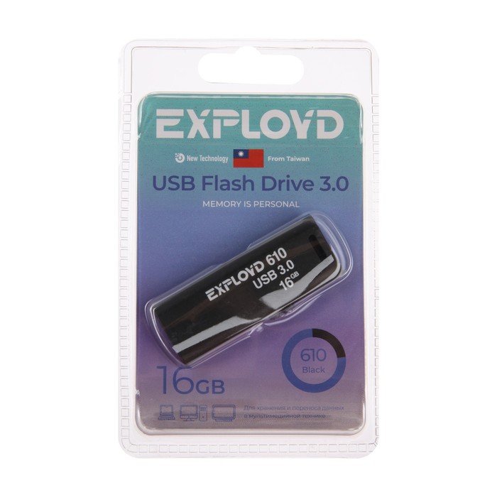 Флешка Exployd 610, 16 Гб, USB3.0, чт до 70 Мб/с, зап до 20 Мб/с, черная - фото 51309035