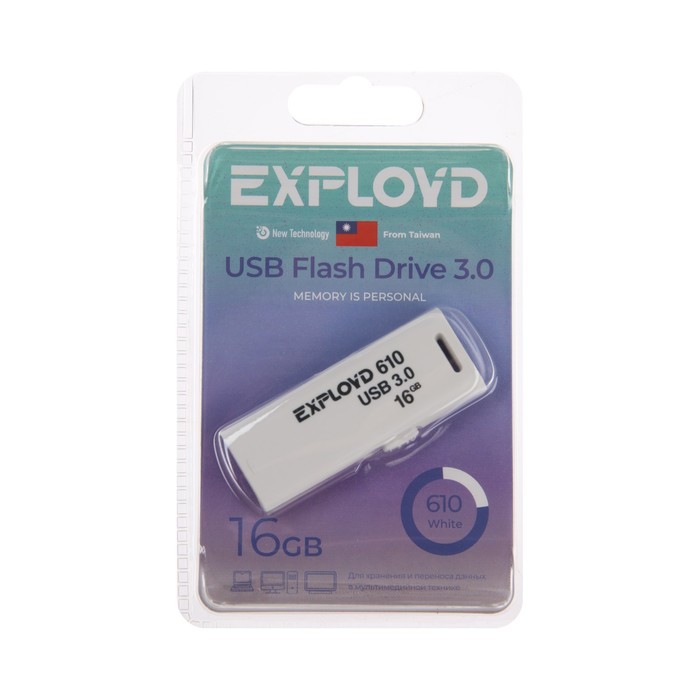 Флешка Exployd 610, 16 Гб, USB3.0, чт до 70 Мб/с, зап до 20 Мб/с, белая - фото 51309043