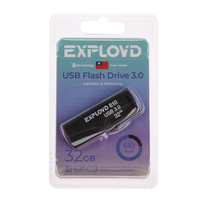 Флешка Exployd 610, 32 Гб, USB3.0, чт до 70 Мб/с, зап до 20 Мб/с, черная - фото 51309079