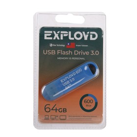 Флешка Exployd 600, 64 Гб, USB3.0, чт до 70 Мб/с, зап до 20 Мб/с, синяя 9514993