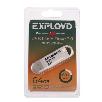 Флешка Exployd 600, 64 Гб, USB3.0, чт до 70 Мб/с, зап до 20 Мб/с, белая