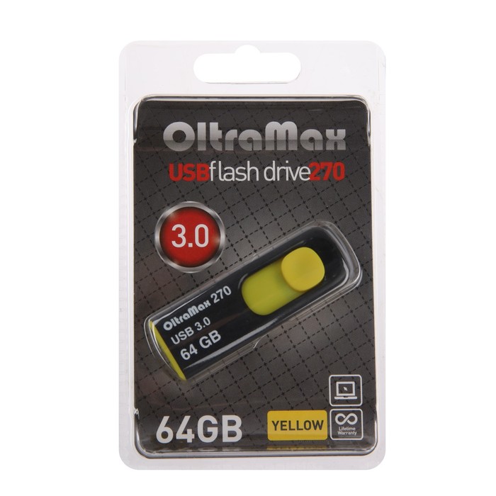 Флешка OltraMax 270, 64 Гб, USB3.0, чт до 70 Мб/с, зап до 20 Мб/с, желтая - фото 51309123