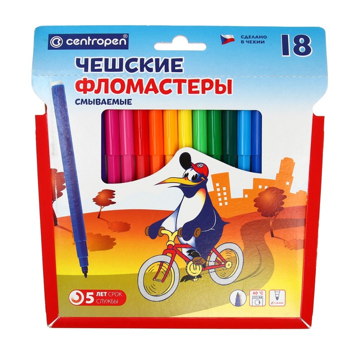 Фломастеры 18 цветов Centropen 7790/18 Пингвины, линия 1.0 мм, пластиковый конверт - Фото 1