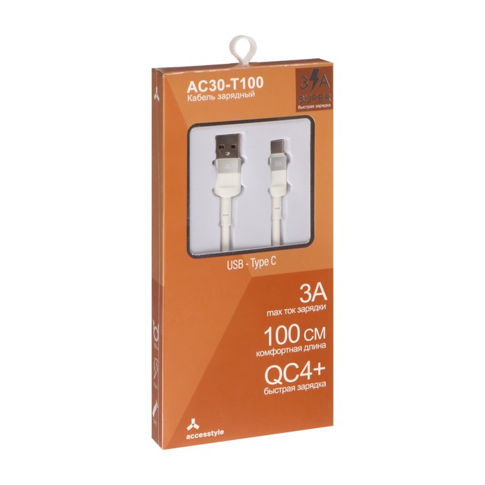 Кабель Accesstyle AC30-T100, Type-C - USB, 3 А, TPU, быстрая зарядка, 1 м, белый - фото 51474441