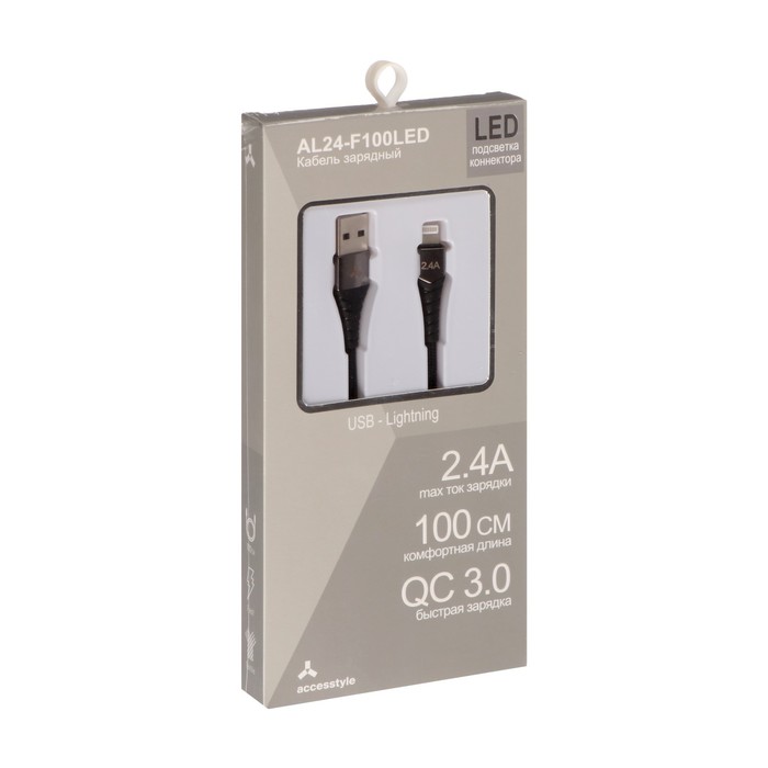 Кабель Accesstyle AL24-F100LED, Lightning - USB, 2.4 А, LED, быстрая зарядка, 1 м, черный - фото 51474447