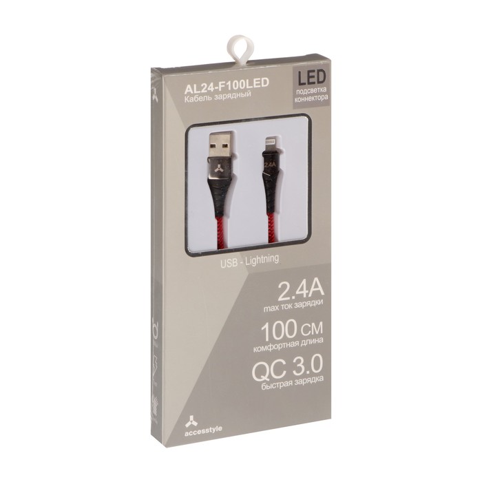 Кабель Accesstyle AL24-F100LED, Lightning - USB, 2.4А, LED, быстрая зарядка,1м,черно-красный - фото 51474451