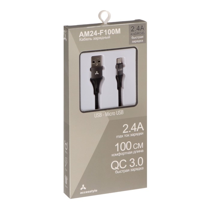 Кабель Accesstyle AM24-F100M, microUSB - USB, 2.4 А, ткань, быстрая зарядка, 1 м, черный - фото 51474455