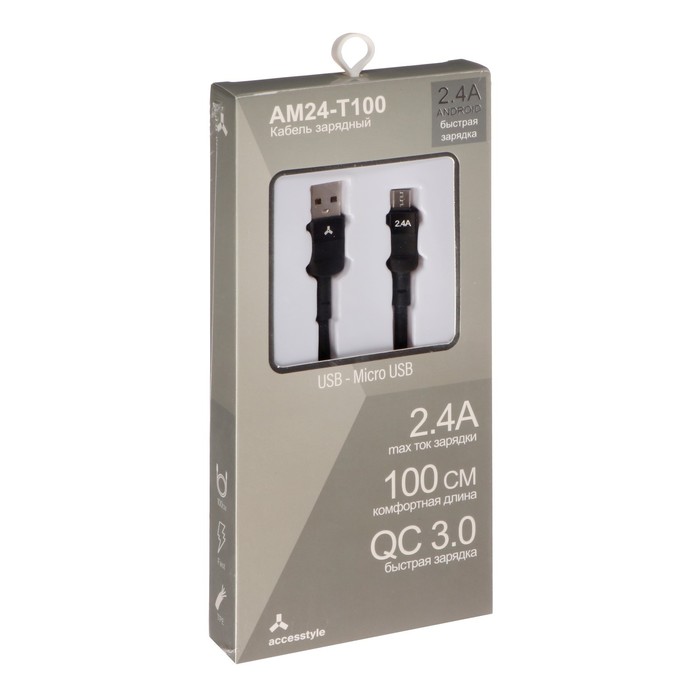 Кабель Accesstyle AM24-T100, microUSB - USB, 2.4 А, TPU, быстрая зарядка, 1 м, черный - фото 51474459