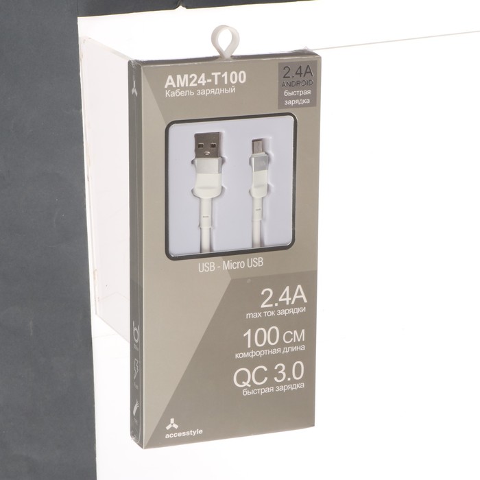 Кабель Accesstyle AM24-T100, microUSB - USB, 2.4 А, TPU, быстрая зарядка, 1 м, белый - фото 51471864