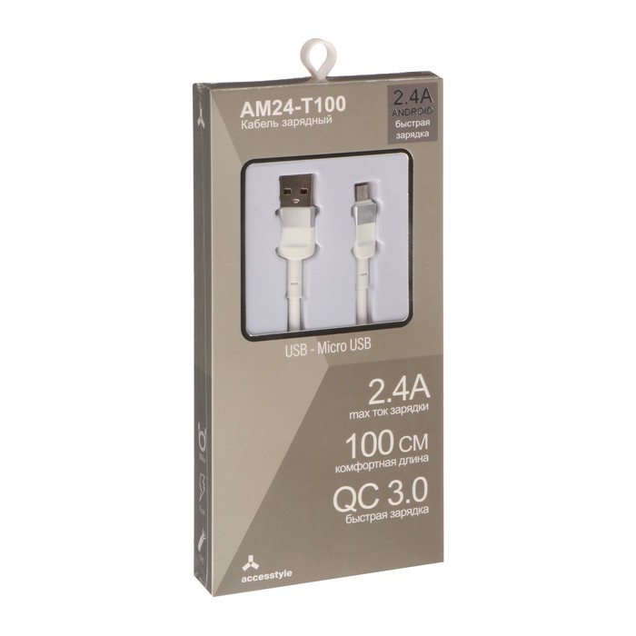 Кабель Accesstyle AM24-T100, microUSB - USB, 2.4 А, TPU, быстрая зарядка, 1 м, белый - фото 51474461