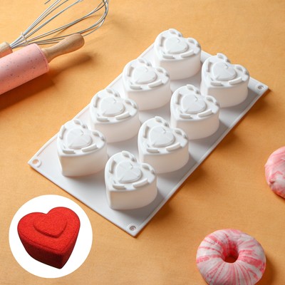 Форма для муссовых десертов Доляна «Сердце», силикон, 29×17×4,3 см, 8 ячеек (5,5×6,2×3,5 см), цвет белый