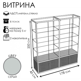 Витрина П2п 1780×400×2000, ЛДСП, стекло, цвет серый 9516989