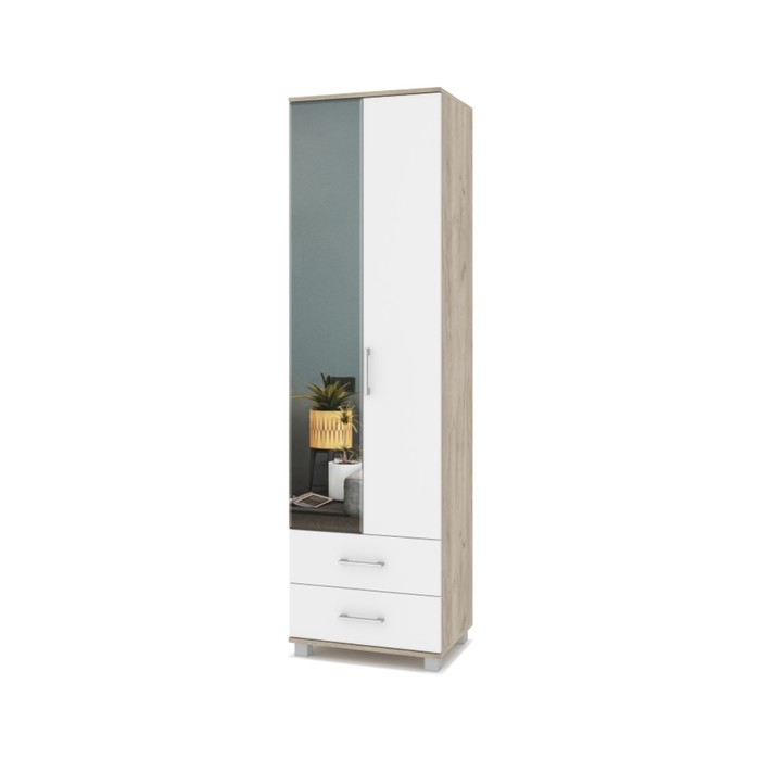 Шкаф 2-х створчатый с зеркалом и 2мя ящиками Карина К23 600х420х2100  Серый дуб/белый - Фото 1