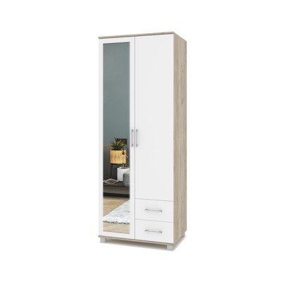 Шкаф 2-х створчатый с зеркалом и 2мя ящиками Ева Е24 800х520х2100 Серый дуб/белый