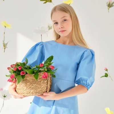 Платье для девочки MINAKU: Cotton collection, однотонное, голубое, рост 152 см