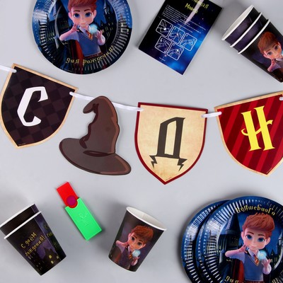 Посуда одноразовая бумажная для праздника «Волшебного дня рождения!», 6 тарелок, 6 стаканов, гирлянда, фокусы