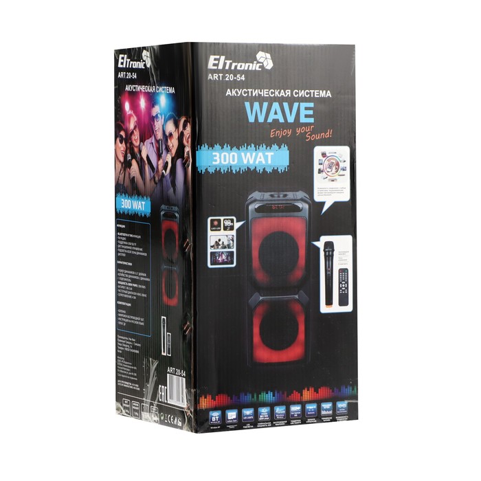 Портативная караоке система Eltronic Wave 300, 80 Вт, BT, SD, AUX, USB, 2400 мАч, чёрная - фото 51460122