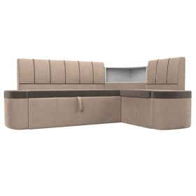 Кухонный угловой диван «Тефида», правый угол, дельфин, велюр, цвет коричневый / бежевый