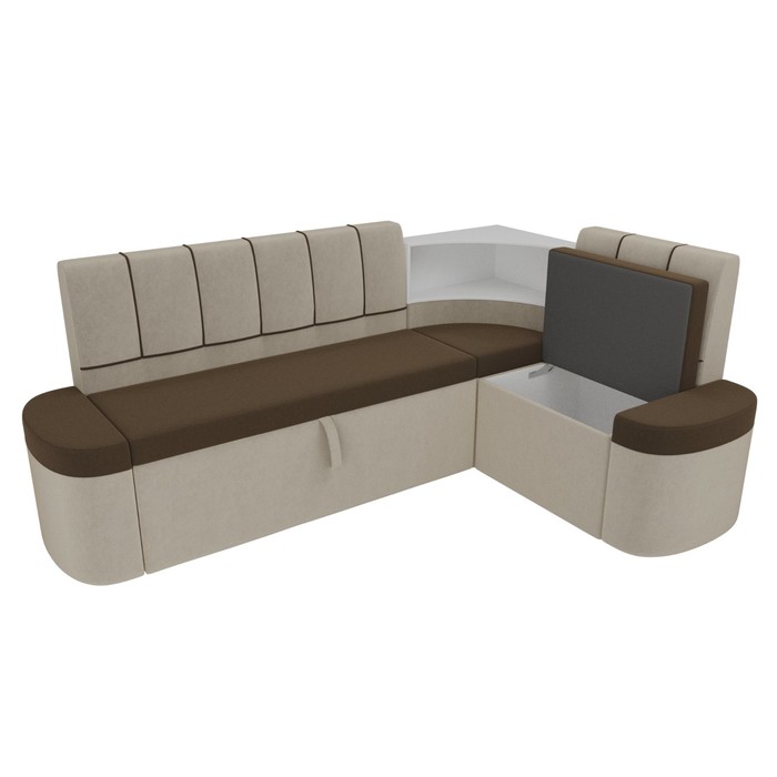 Кухонный угловой диван «Тефида», правый угол, дельфин, микровельвет, коричневый / бежевый - фото 1907656611