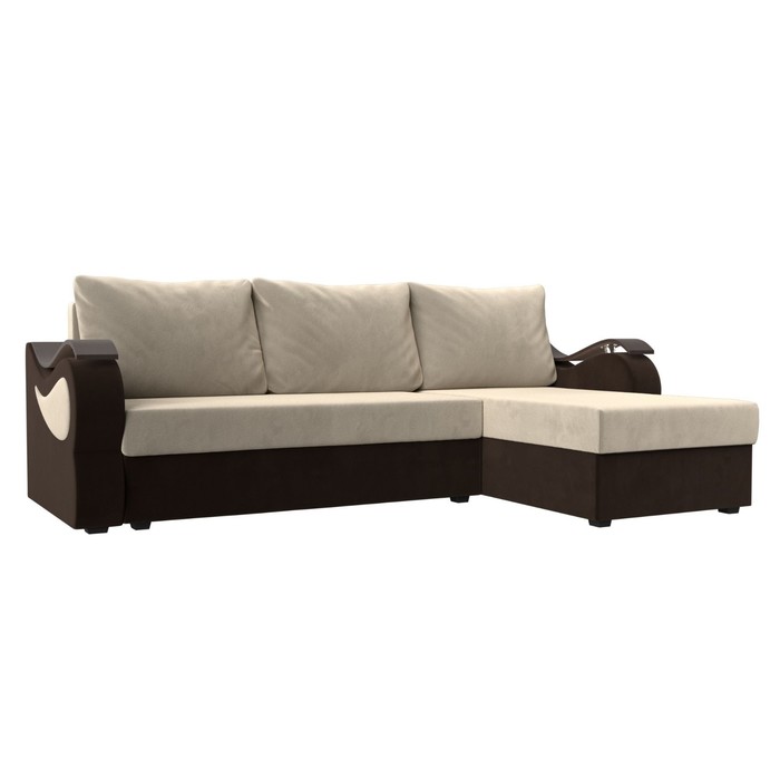 Угловой диван «Меркурий лайт», правый угол, еврокнижка, микровельвет, бежевый / коричневый - Фото 1