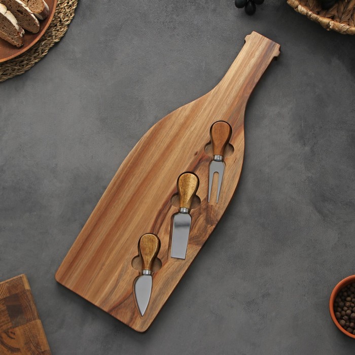 Набор для подачи сыра Magistro Bottle, 3 ножа, 48×17×1.5 см, акация - Фото 1
