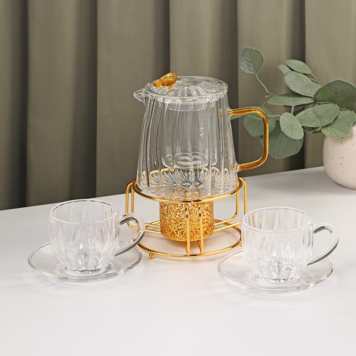 Набор чайный из стекла «Блаженство», 6 предметов: чайник 600 мл, чаша 150 мл, блюдце d=12см, подставка 12×6,5 см - Фото 1