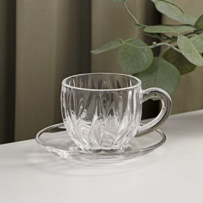 Набор чайный из стекла «Блаженство», 6 предметов: чайник 600 мл, чаша 150 мл, блюдце d=12см, подставка 12×6,5 см - фото 1910592146