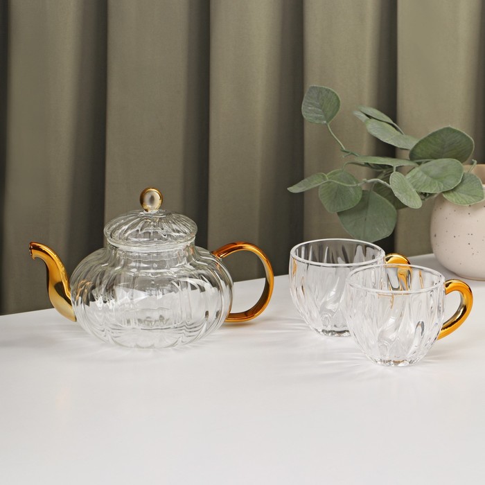 Набор чайный из стекла «Диана в золотом», 3 предмета: чайник 550 м, 2 кружки 150 мл - Фото 1