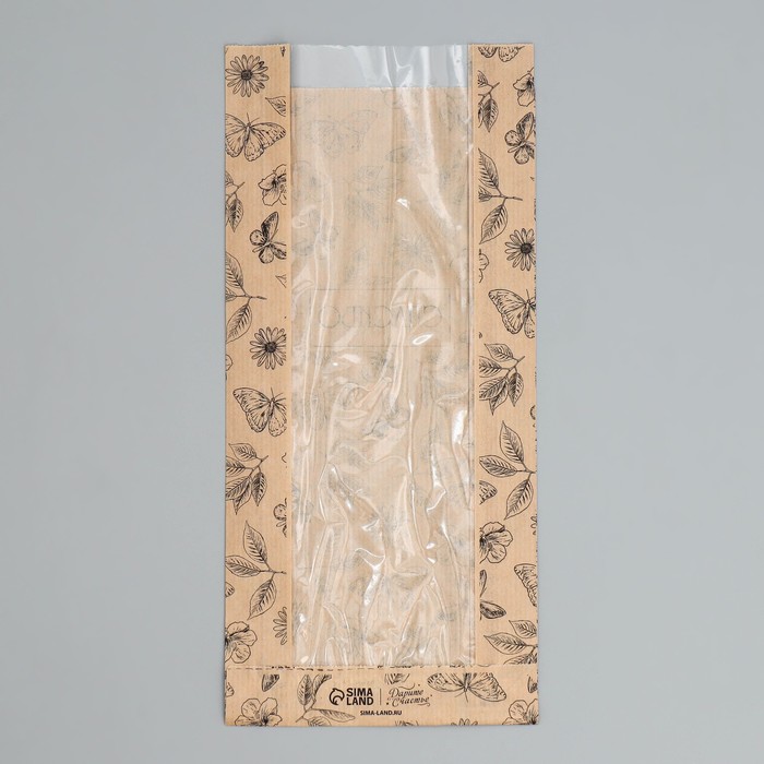 Пакет бумажный фасовочный, крафт, "Спасибо" 15х29х8 см с окном - Фото 1