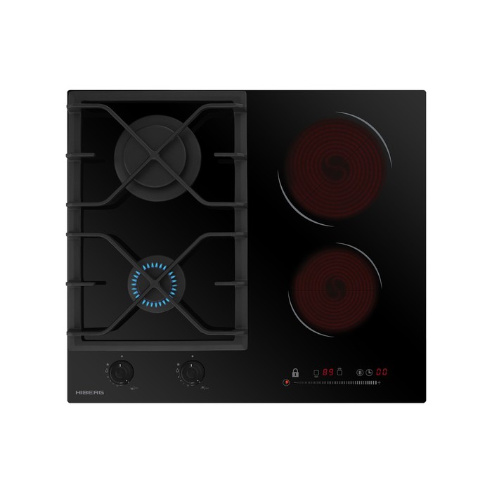 Варочная поверхность HIBERG VM 6021 B, комбинированная, 4 конфорки, газ-контроль, чёрная - Фото 1