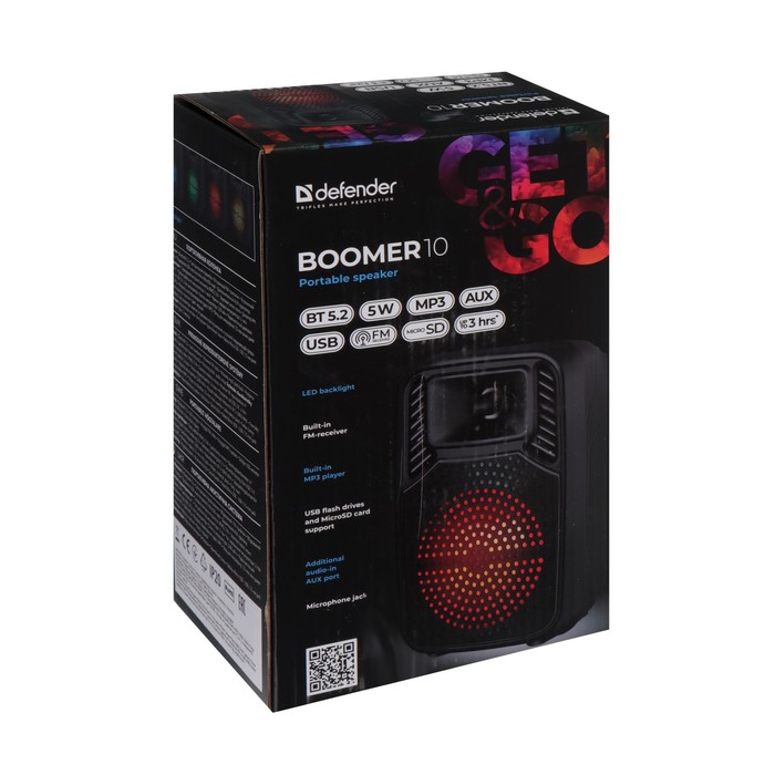 Портативная колонка Defender Boomer 10, 5Вт, 1200мАч, BT, FM, USB, microSD, AUX, подсветка - фото 51325661