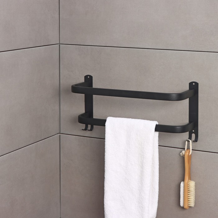 Держатель для полотенец двойной, 39.5 см, 2 крючка, нержавеющая сталь, чёрный - Фото 1