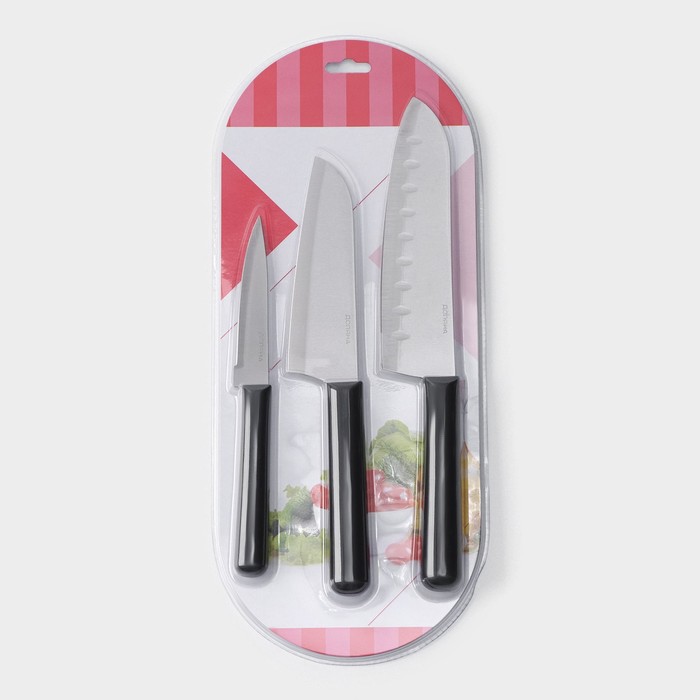 Набор кухонных ножей Доляна Fоlk, набор 3 шт, лезвие: 10 см, 13,5 см, 17 см, цвет чёрный - фото 1885592490