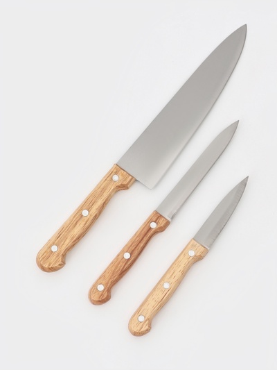 Набор кухонных ножей Доляна Wood, набор 3 шт., лезвие: 8 см, 12 см, 19.5 см, ручка деревянная