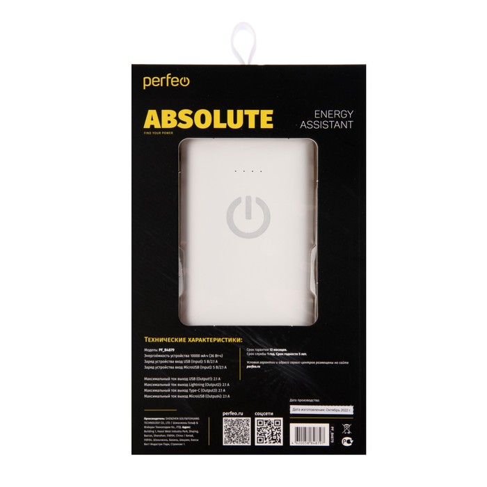 Внешний аккумулятор Perfeo ABSOLUTE PF_B4879, 10000 мАч, USB/USB-C, 2.1А, встр. каб., белый - фото 51460272