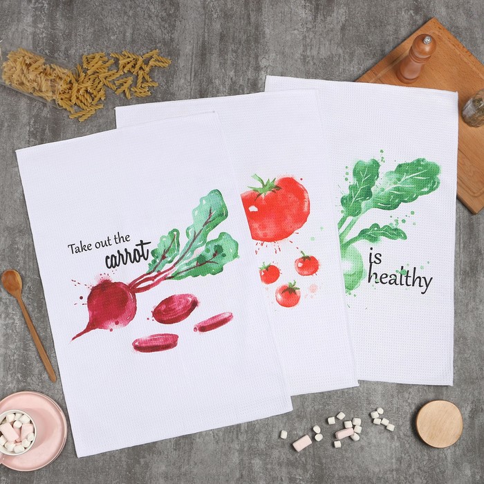 Набор кухонных полотенец «Доляна. Овощи», 40×60±3 см, 3 шт., 100% пэ - Фото 1