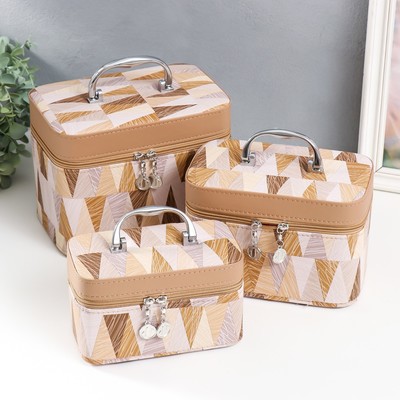 Набор шкатулок для украшений с зеркалом «Треугольники. Беж», 3 шт., искусственная кожа