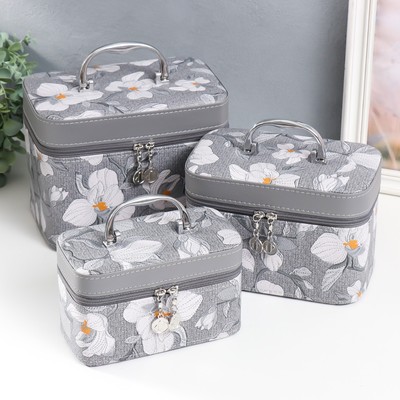 Набор шкатулок для украшений с зеркалом «Цветы. Серый», 3 шт., искусственная кожа