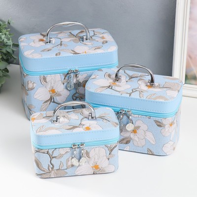 Набор шкатулок для украшений с зеркалом «Цветы. Голубой», 3 шт., искусственная кожа