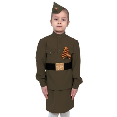 Костюм карнавальный военный «Солдаточка»: гимнастёрка, ремень, юбка, пилотка, бант, рост 110–116 см