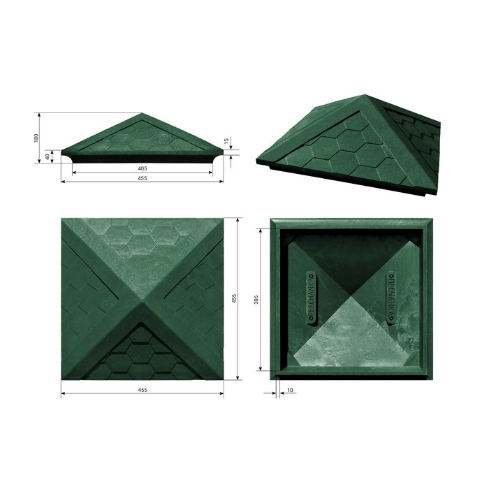 Колпак ППК на заборный столб, 1,5 × 1,5 кирпича, 39 × 39 × 4,3 см, зелёный, «Гибкая черепица» - фото 1898874349