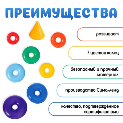 Пирамидка детская, развивающие задания, 7 колец, с конусом