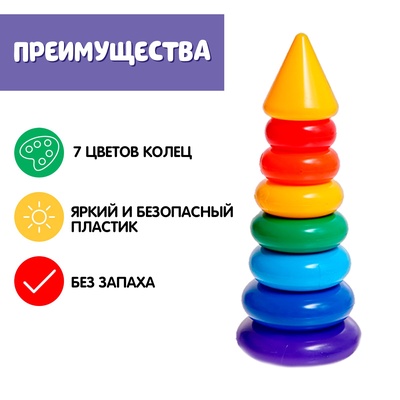 Пирамидка детская, развивающие задания, 7 колец, с конусом