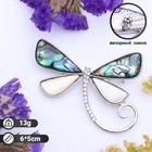 Брошь «Галиотис» стрекоза, закруглённый хвостик, бело-зелёная в серебре - Фото 1