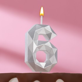Свеча в торт на шпажке "Многогранник", цифра 6, 7 см, серебро