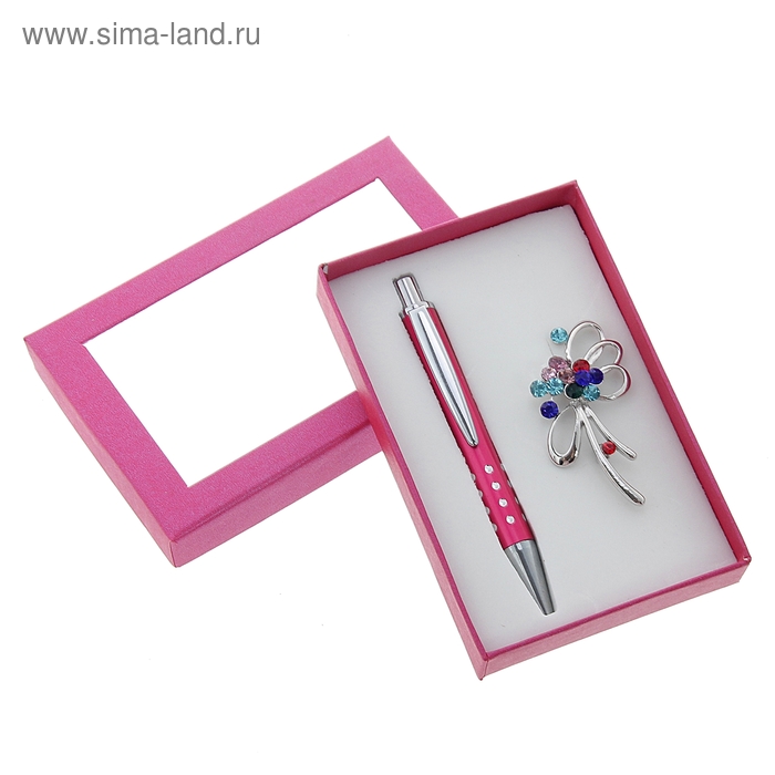 набор подарочный 2в1 в карт.коробке (ручка+ брошь разноцветная) розовый 8*12см - Фото 1