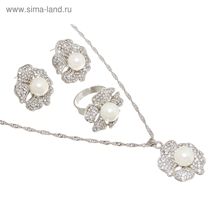 Гарнитур 3 предмета: серьги, кулон, кольцо безразмерное "Цветок", цвет белый в серебре, 45см - Фото 1
