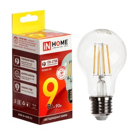 Лампа светодиодная IN HOME LED-A60-deco, 9 Вт, 230 В, Е27, 3000 К, 1040 Лм, прозрачная