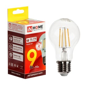 Лампа светодиодная IN HOME LED-A60-deco, 9 Вт, 230 В, Е27, 3000 К, 1040 Лм, прозрачная 9527837